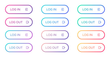 log in log out web buttons set. outline ui web buttons in flat style. rounded vector buttons on trendy gradients with icons for web and ui design