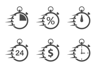 fast stopwatch flat icons isolated on white background. fast time stopwatch vector icon set for web and ui design. time is money business concept. round the clock, dollar and percent signs