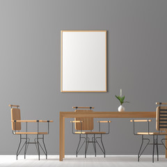 Spacious modern dining room with wooden chairs and table.  Minimalist dining room design. 3D illustration.