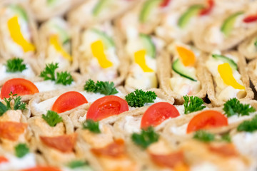 Close up of colorful canapes with vegetables.