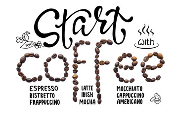 Creative layout made of coffee beans with lettering and doodle