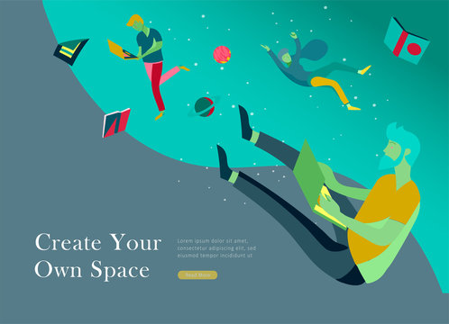 landing page template. Inspired People flying. Create your own spase. Character moving and floating in dreams, imagination and freedom inspiration design work. Flat design style