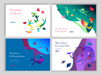 landing page templates set. Inspired People flying. Create your own spase. Characters moving and floating in dreams, imagination and freedom inspiration design work. Flat design style