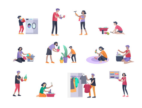 Scenes with family doing housework, kids helping parents with home cleaning, washing dishes, fold clothes, cleaning window, carpet and floor, wipe dust, water flower. Vector illustration cartoon style