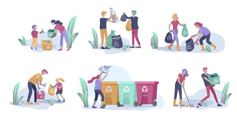 people and children Recycle Sort organic Garbage in different container for Separation to Reduce Environment Pollution. Family with kids collect garbage. Environmental day vector cartoon illustration