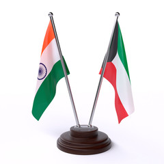 India and Kuwait, two table flags isolated on white background. 3d image