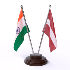 India and Latvia, two table flags isolated on white background. 3d image