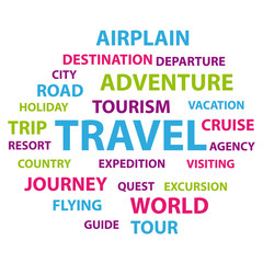 Colorful travel and tourism wordcloud. Vector illustration.
