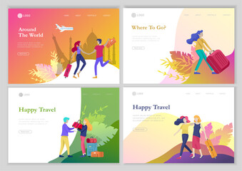landing page template with people travel on vacation. Tourists with laggage travelling with family, friends and alone, go on journey. Time to happy travel. Vector illustration cartoon style