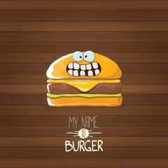 vector cartoon tiny burger character with cheese, meat and salad icon isolated on wooden background. my name is burger vector concept illustration
