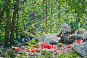 pollution of nature. Ecology protection concept. Dirty green messy nature landscape with a pile of waste garbage.