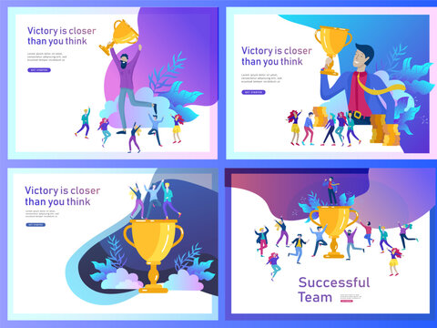 Landing page template set. Business Team Success hold Golden winner cup, concept of people are happy with victory. Office Workers Celebrating with Big Trophy, ways goals