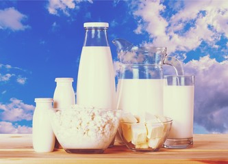 Glass of milk  and Dairy products on  background