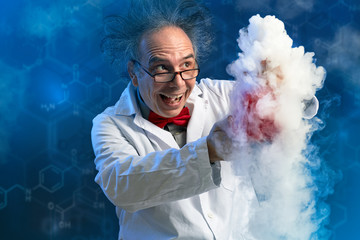 Happy crazy chemist with his experiment