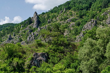 Fototapeta na wymiar Large and well formed rocks resemble humans, beasts and other bizarre forms of peak Garvanets or raven is the most interesting natural landmark of Lozenska mountain, Bulgaria 