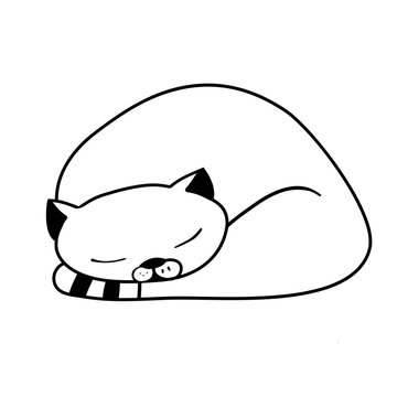 Lazy cute cat, pet, black and white linear image, digital drawing, vector illustration