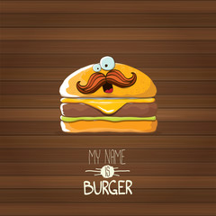 vector cartoon tiny burger character with cheese, meat and salad icon isolated on wooden background. my name is burger vector concept illustration