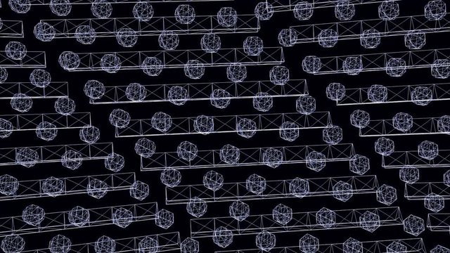 Abstract black and white frames of geometrical figures moving on black background, seamless loop. Animation. 3D figure frames swaying and rotating, monochrome.