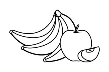Bananas and apples sliced cartoon in black and white
