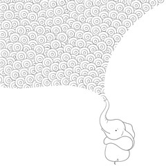 Small white elephant blowing doodles through his trunk. Creative doodle illustration with baby animal. Easy to change color.