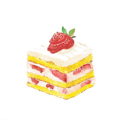cake with strawberry and whipped cream. hand-drawn watercolor. perfect for your menu.