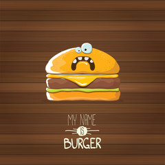 vector cartoon tiny burger character with cheese, meat and salad icon isolated on wooden background. my name is burger vector concept illustration