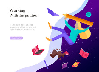 landing page template. Inspired People flying. Create your own spase. Character moving and floating in dreams, imagination and freedom inspiration design work. Flat design style