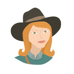Vector Illustration Red-haired woman wearing hat Flat icons