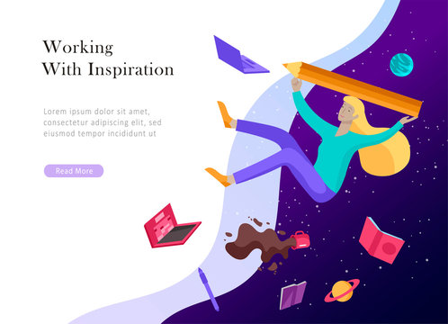 landing page template. Inspired People flying. Create your own spase. Character moving and floating in dreams, imagination and freedom inspiration design work. Flat design style