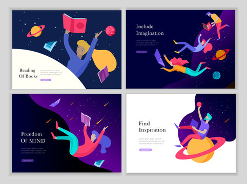 landing page templates set. Inspired People flying in space and reading online books. Characters moving and floating in dreams, imagination and freedom inspiration. Flat design, vector illustration.