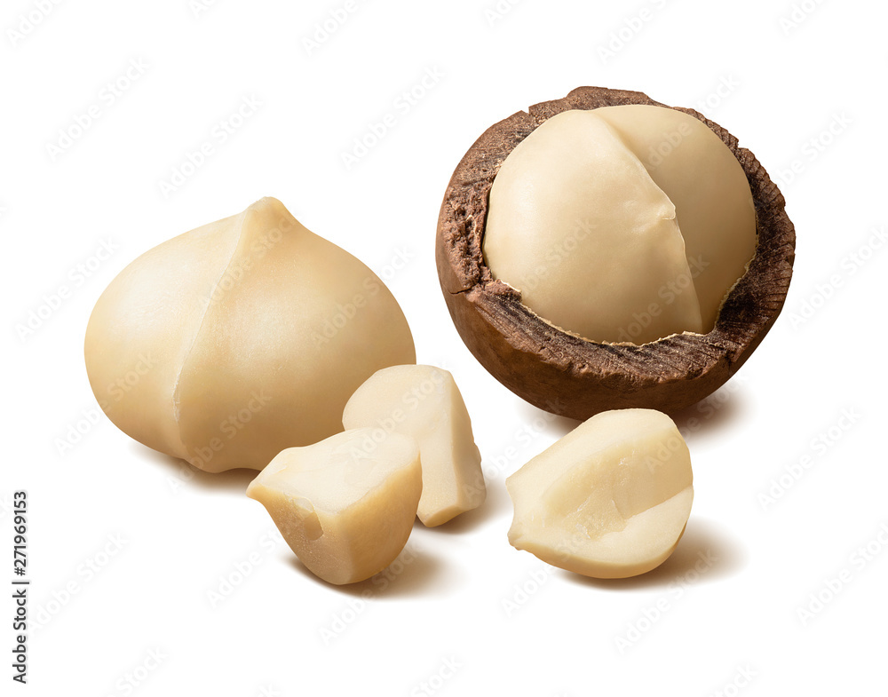 Wall mural macadamia nuts and pieces. peeled and in nutshells. isolated on white background