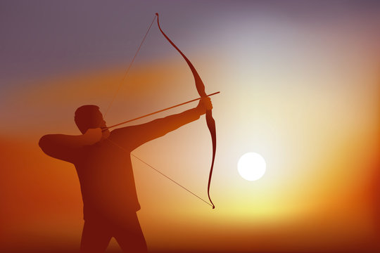Concept du succès en atteignant son objectif, avec un tireur à l’arc qui bande son arc avant de décocher sa flèche en direction de sa cible.