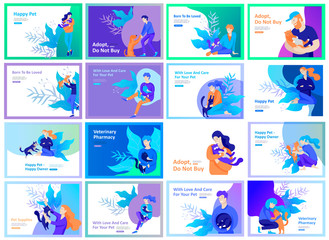 Set of Landing Page Templates with Vector Symbol. Happy people with their pets, a cat loves its owners, care and love, a pet shop and a veterinary pharmacy. Animal Day and adoption. Vector