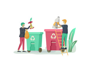 people Recycle Sort organic Garbage in different container for Separation to Reduce Environment Pollution. Man collect garbage in bag or container. Environmental day vector cartoon illustration
