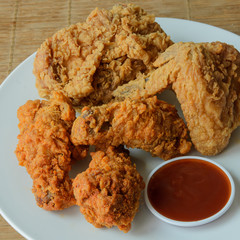 Fried Chicken Food, French Fries and Sauce on the white plate