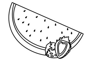 Watermelon and strawberries fruits cartoon in black and white