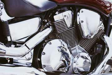 Closeup of chromed motorcycle engine