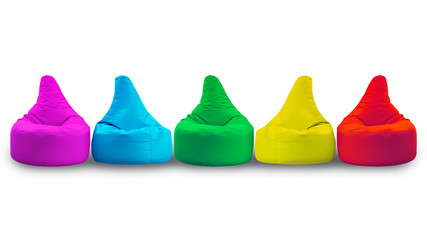 Row of five soft colorful large Bean Bags chairs isolated on white background. Objects for design