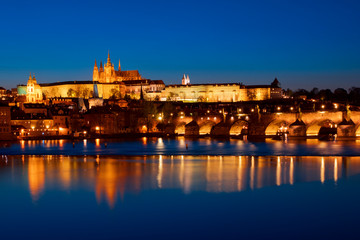 Fototapeta na wymiar Prague down by the Vltava River at night 