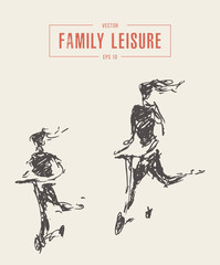 Family leisure riding scooter drawn vector sketch