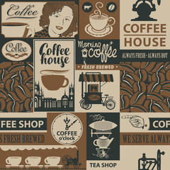 Vector seamless pattern on coffee and coffee house theme with inscriptions and illustrations in retro style. Can be used as wallpaper, wrapping paper or fabric