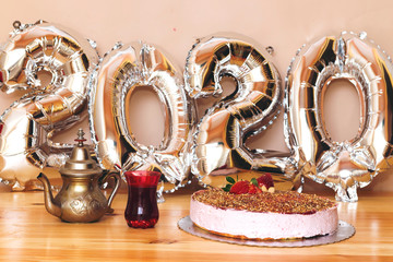 beautiful dessert even more special, strawberry bavarois (also known as Bavarian cream) with turkish tea , 2020 new year concept