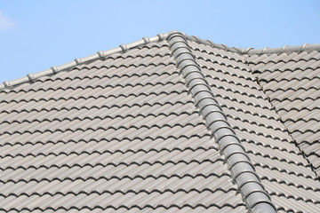 The roof tile with the sky background. The grey roman tile pattern.