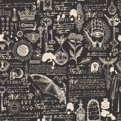 Vector seamless background on the theme of alchemy, magic, witchcraft and mysticism with various esoteric and occult symbols, sketches, blots. The Latin words Spirit, Land, Secret, Interior, Stone - obrazy, fototapety, plakaty