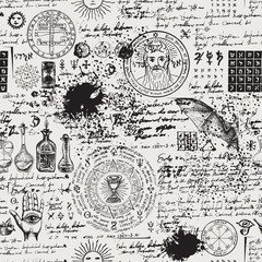 Vector seamless background on the theme of alchemy, magic, witchcraft and mysticism with various esoteric and occult symbols. Medieval manuscript with sketches, blots and spots in retro style