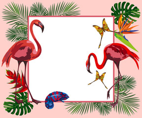 Summer card with flamingo and tropical leaves background, exotic floral design for banner, flyer, invitation, poster, web site or greeting card. Vector illustration