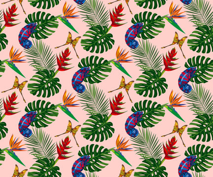 Tropical wildlife seamless pattern. Madagascar animals, flowers ornament. Vector pattern.