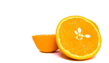 Close-up view of isolated orange halves with white seeds on white background with copy space.