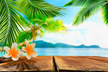 Travel Concept. Wooden table on blurred landscape background