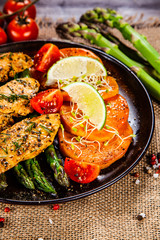 Grilled chicken strips and vegetables